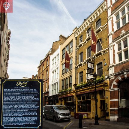 O Rules foi inaugurado em 1798. A plaquinha confirma que é o restaurante mais antigo de Londres.